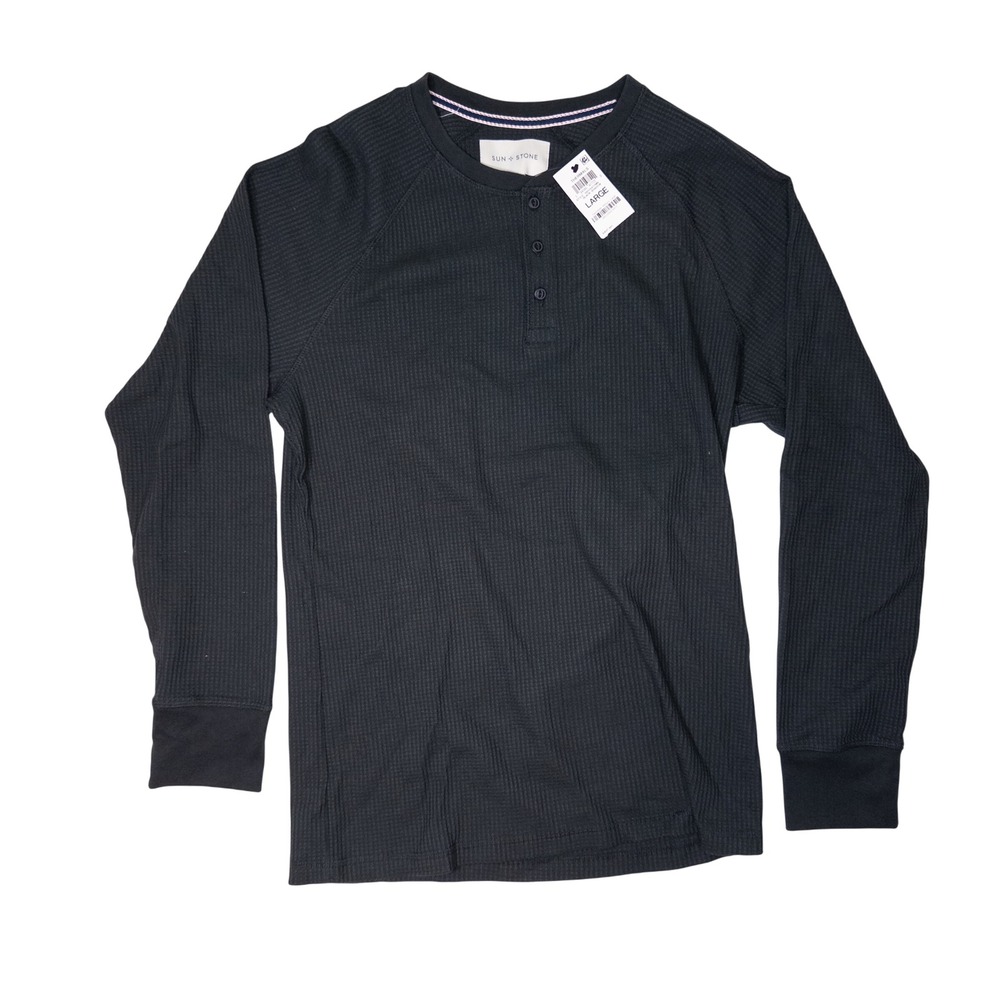 Sun + Stone Henley Shirt Mens Large Black New Waffle Knit Long Sleeve 00178477MN